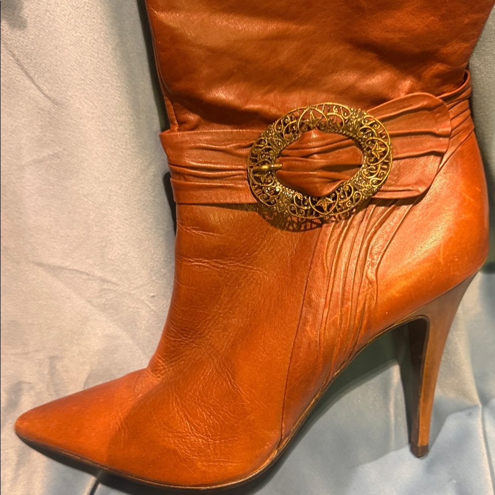 Carlos by Carlos Santana Cognac Leather Mid-Calf High-Heel Boots - Picture 4 of 9
